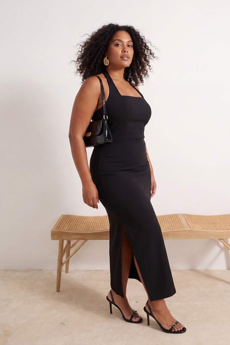 Trendyol Curve Damen Schwarz Einfarbig Midi Ärmellos Party Skater Große Größen Kleid - Image 6