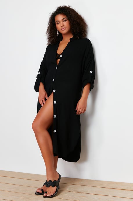 Trendyol Curve Damen Schwarz Einfarbig Midi Lang Strandmode Hemdblusenkleid Große Größen Kleid - Image 2