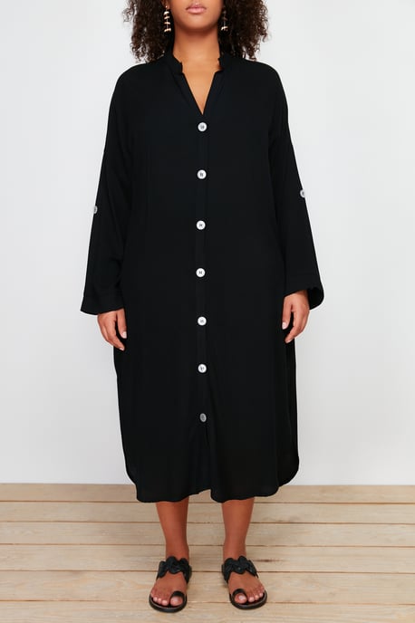 Trendyol Curve Damen Schwarz Einfarbig Midi Lang Strandmode Hemdblusenkleid Große Größen Kleid - Image 3