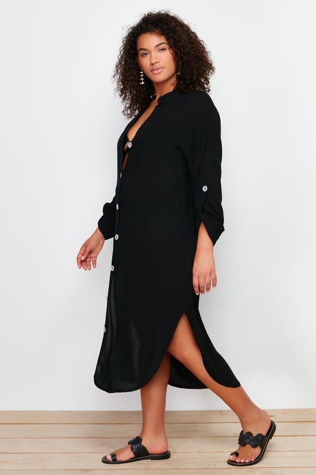 Trendyol Curve Damen Schwarz Einfarbig Midi Lang Strandmode Hemdblusenkleid Große Größen Kleid - Image 6