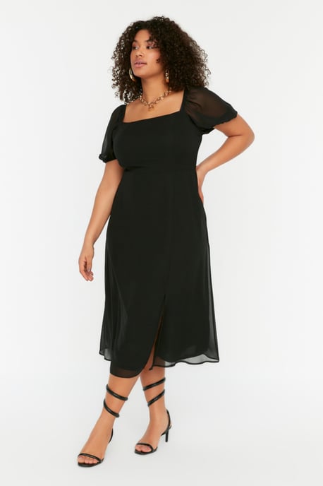 Trendyol Curve Damen Schwarz Einfarbig Midi Kurz Casual A-Linie Große Größen Kleid - Image 2