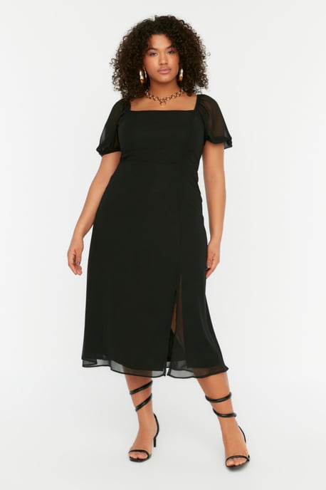 Trendyol Curve Damen Schwarz Einfarbig Midi Kurz Casual A-Linie Große Größen Kleid - Image 6