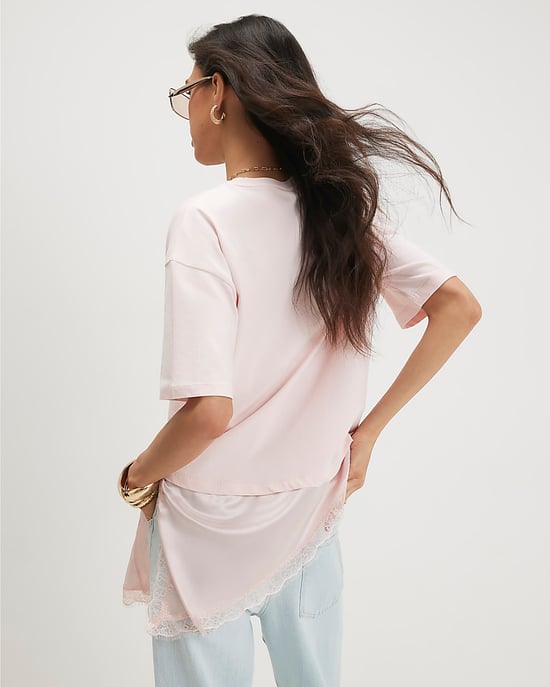 River Island Damen-T-Shirt Rosa aus Baumwolle mit Spitzenbesatz und asymmetrischem Saum - Image 3