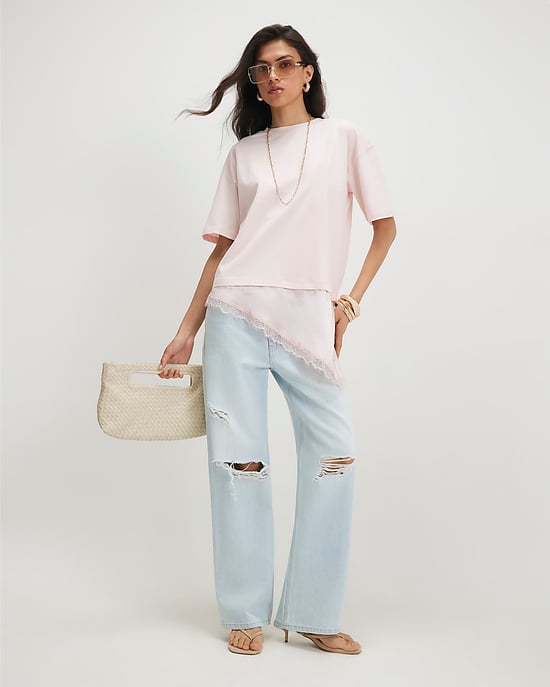River Island Damen-T-Shirt Rosa aus Baumwolle mit Spitzenbesatz und asymmetrischem Saum - Image 4
