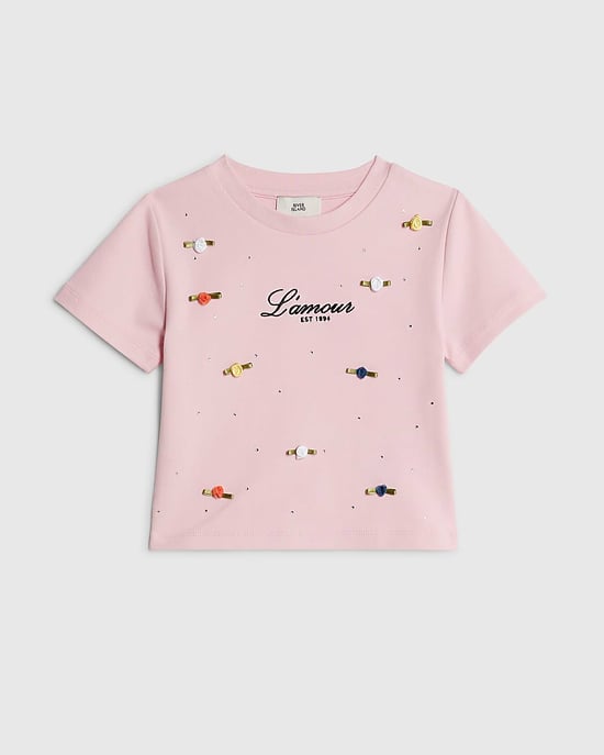 River Island Mädchen-T-Shirt Rosa L'amour Rosette Rundhalsausschnitt - Image 1