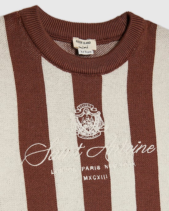 River Island Mini Jungen-T-Shirt Braun Gestreift Fußball Rundhalsausschnitt - Image 2