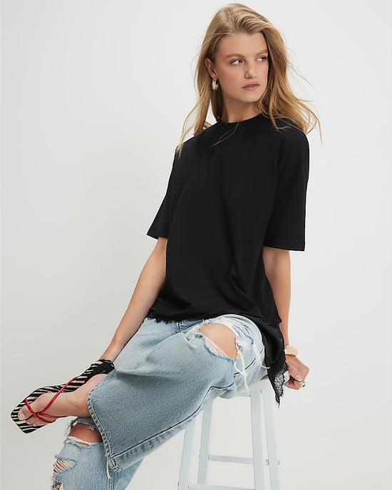River Island Damen-T-Shirt Schwarz Baumwolle Spitzenbesatz Asymmetrisch - Image 2