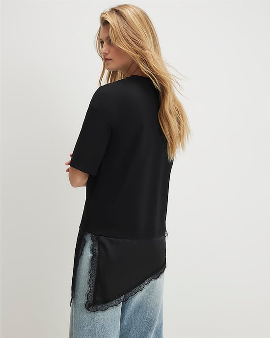 River Island Damen-T-Shirt Schwarz Baumwolle Spitzenbesatz Asymmetrisch - Image 3