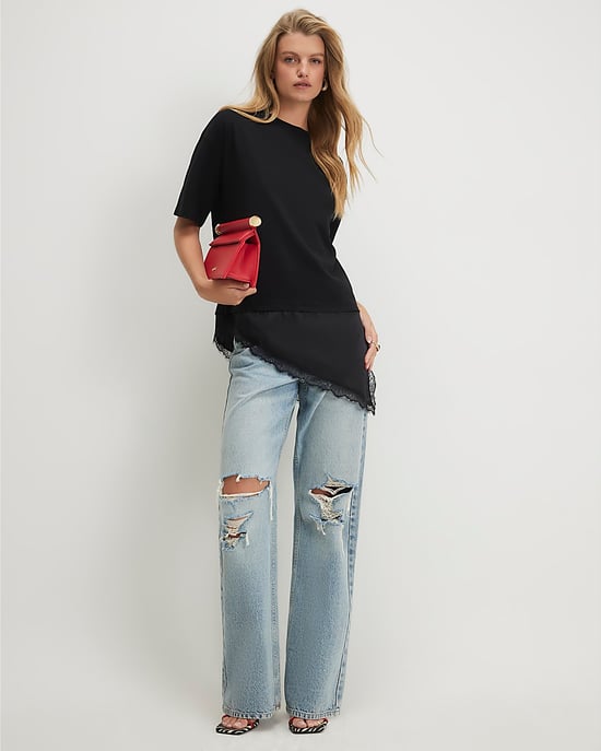 River Island Damen-T-Shirt Schwarz Baumwolle Spitzenbesatz Asymmetrisch - Image 4