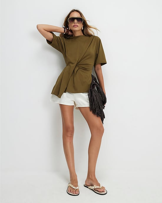 River Island Damen-T-Shirt Khaki Baumwolle Kurzarm Faltenpartie vorn - Image 4