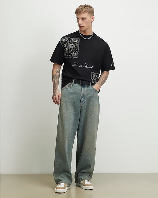 River Island Herren-T-Shirt Schwarz Baumwolle Ame Saint Midweight - Image 2