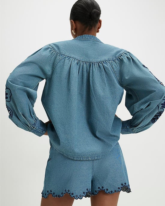 River Island Damenbluse Blau Jeansstoff mit Lochstickerei - Image 3