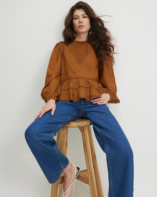 River Island Damen Smok-Top Braun Langarm Spitzendetail - Image 2