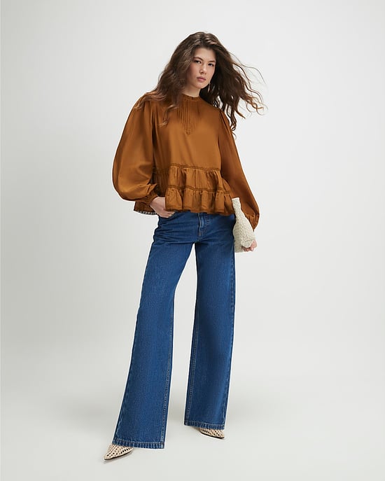 River Island Damen Smok-Top Braun Langarm Spitzendetail - Image 4
