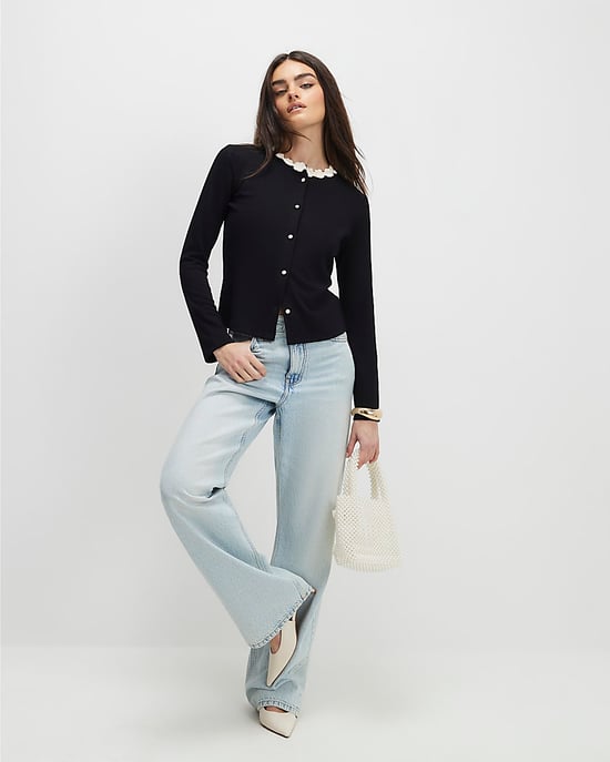 River Island Damen-Top Schwarz Langarm Blumenbesatz - Image 2
