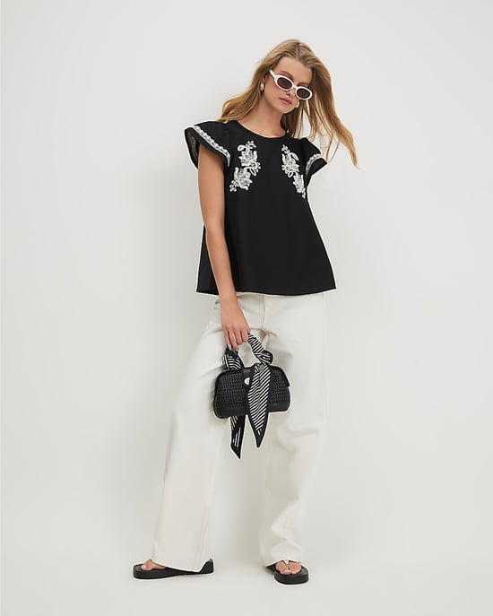 River Island Damenbluse Schwarz mit Applikation aus Popeline mit Rundhalsausschnitt - Image 4
