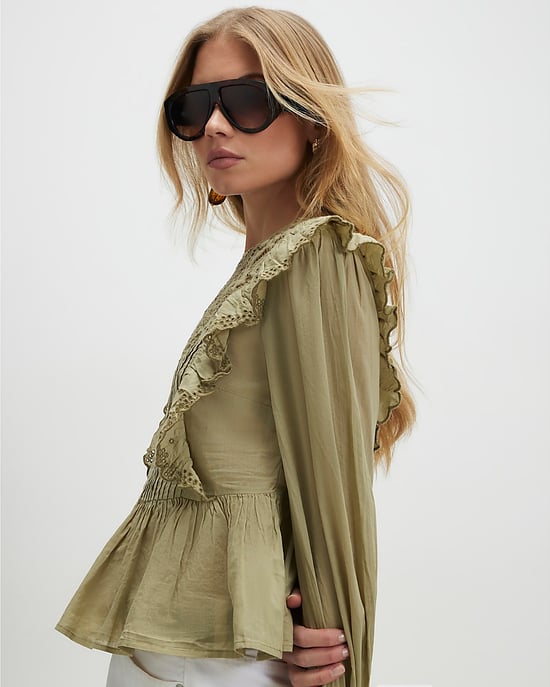 River Island Damenbluse Khaki mit Lochstickerei, Rüschen und Plissees - Image 2
