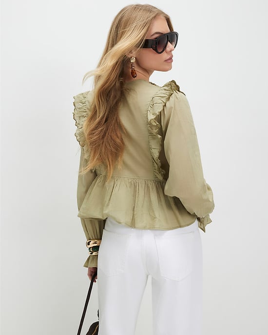 River Island Damenbluse Khaki mit Lochstickerei, Rüschen und Plissees - Image 3