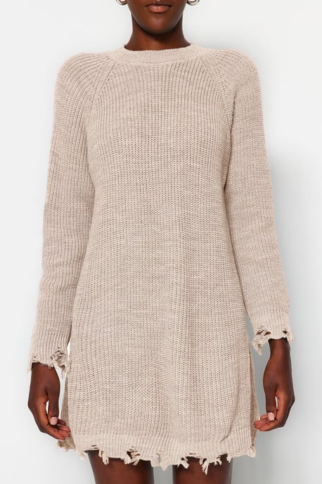 TRENDYOLMİLLA Damen Beige Einfarbig Extra Kurz / Super Mini Lang Casual Gerade Kleider - Image 4