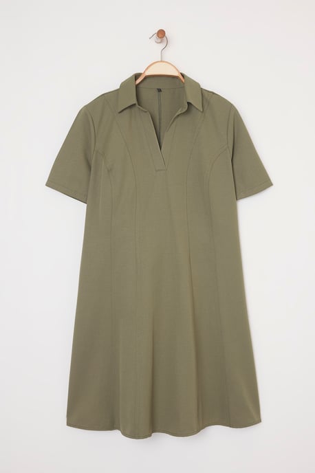 Trendyol Curve Damen Khaki Einfarbig Kurz / Mini Kurz Casual Hemdblusenkleid Große Größen Kleid - Image 4