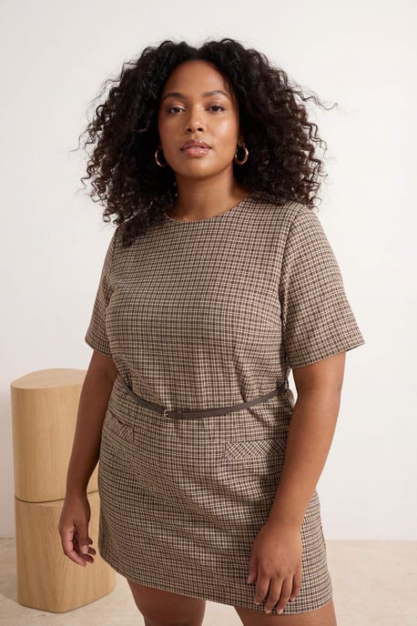 Trendyol Curve Damen Beige Kariert Kurz / Mini Kurz A-Linie Große Größen Kleid - Image 2