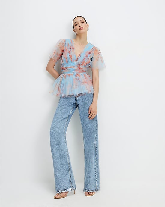 River Island Damen-Tülltop Blau Kurzarm V-Ausschnitt - Image 2
