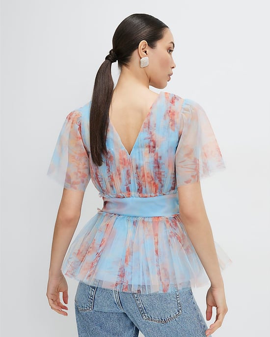 River Island Damen-Tülltop Blau Kurzarm V-Ausschnitt - Image 3