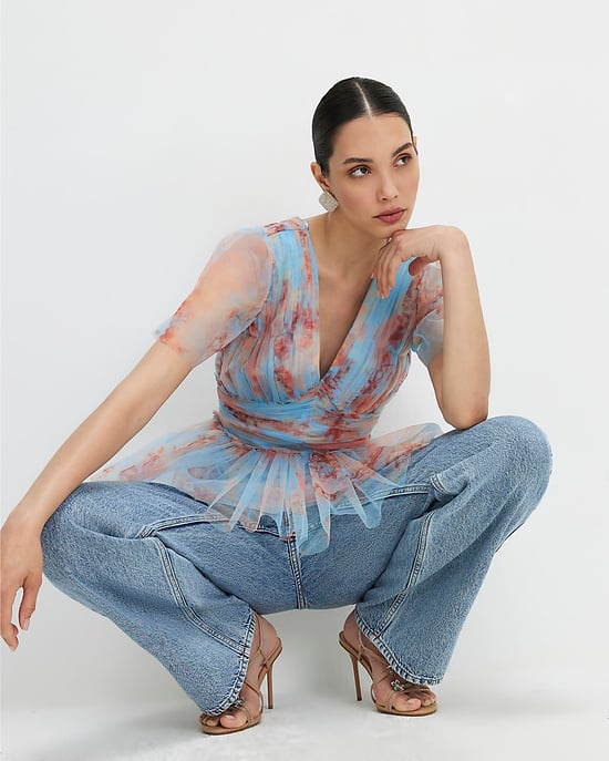 River Island Damen-Tülltop Blau Kurzarm V-Ausschnitt - Image 4