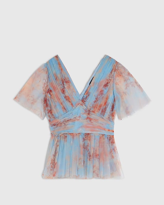 River Island Damen-Tülltop Blau Kurzarm V-Ausschnitt - Image 6