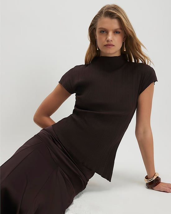 River Island Damenoberteil Braun Baumwollmischung Strukturierter Rippstrick Stehkragen - Image 2