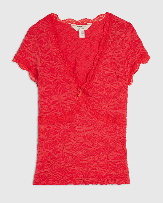 River Island Damenoberteil Rot mit kurzen Ärmeln und strukturiertem Spitzenbesatz - Image 6