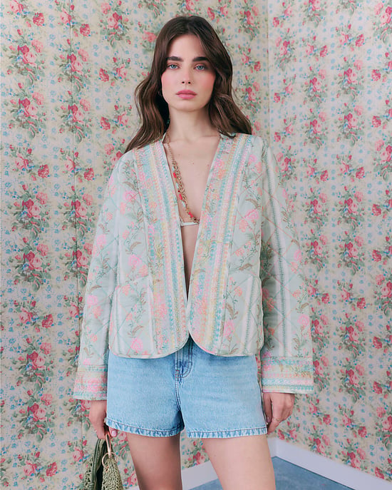 River Island Damenjacke Grün Blumenprint Steppjacke Baumwolle - Image 1