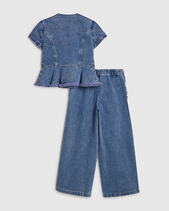 River Island Mädchen Schößchen-Top- und Jeans-Set Blau Denim 2-teilig - Image 2