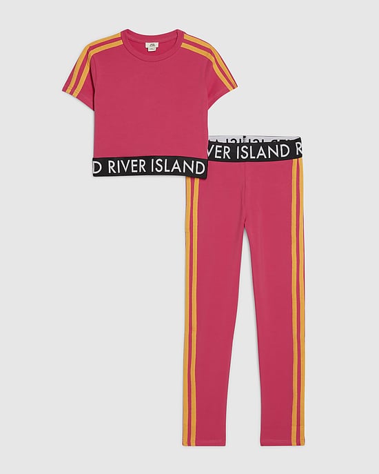 River Island Mädchen T-Shirt- & Leggings-Set Rosa RI-Seitenstreifen 2-teilig - Image 1