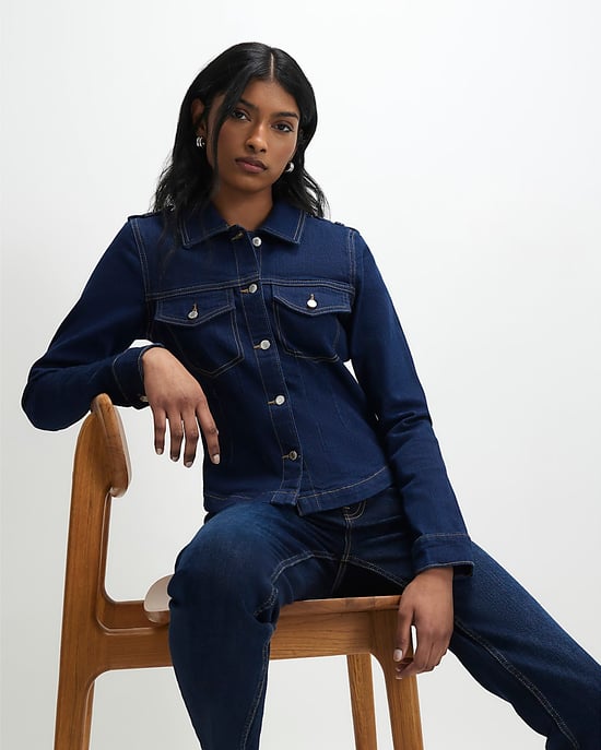 River Island Damen Jeansjacke Blau Tailliert Mit Kragen Denim - Image 4