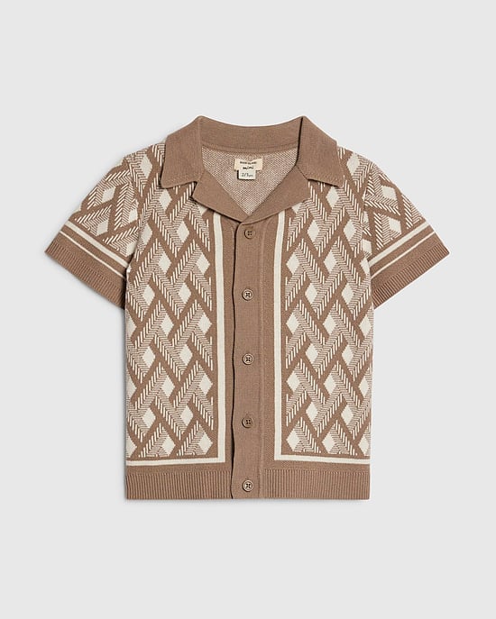 River Island Jungen Minishirt Beige Geometrisch Gestrickt mit Kragen - Image 1