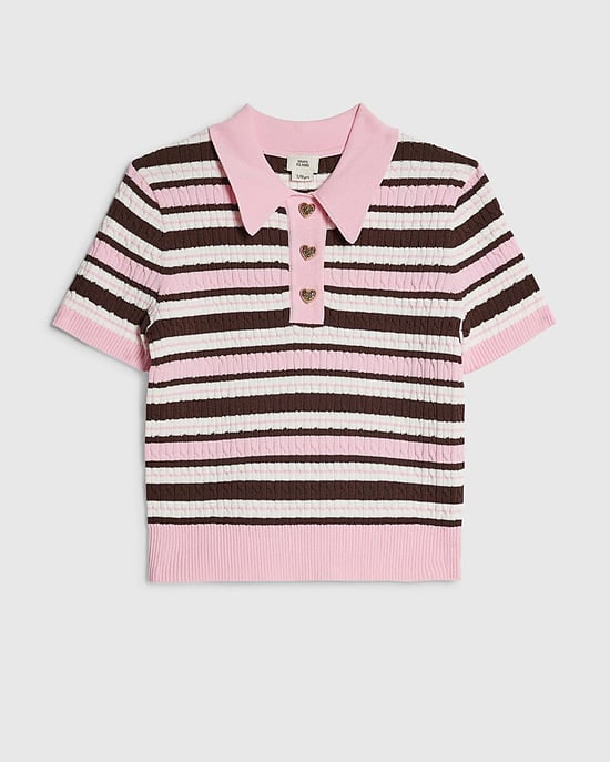 River Island Mädchen-Poloshirt Rosa Gestreift mit Kragen und Zopfmuster - Image 1