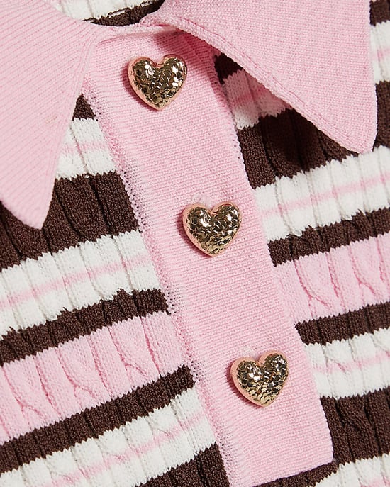 River Island Mädchen-Poloshirt Rosa Gestreift mit Kragen und Zopfmuster - Image 2