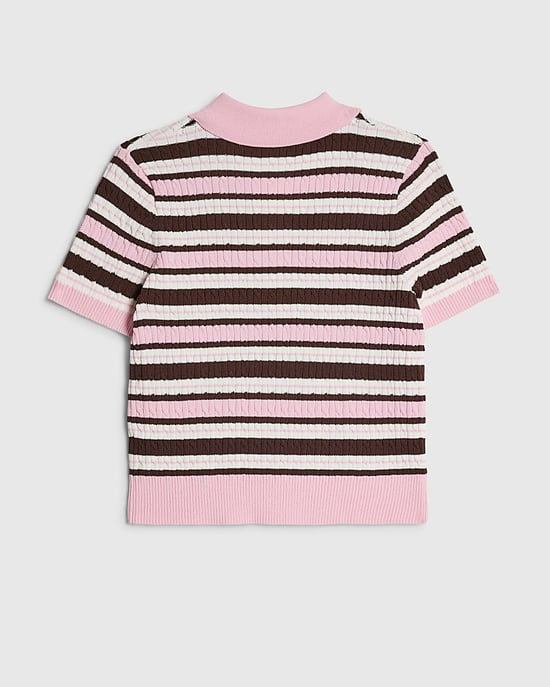 River Island Mädchen-Poloshirt Rosa Gestreift mit Kragen und Zopfmuster - Image 4