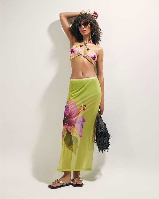 River Island Damen-Maxirock Grün mit Hibiskusmuster und elastischem Bund - Image 1
