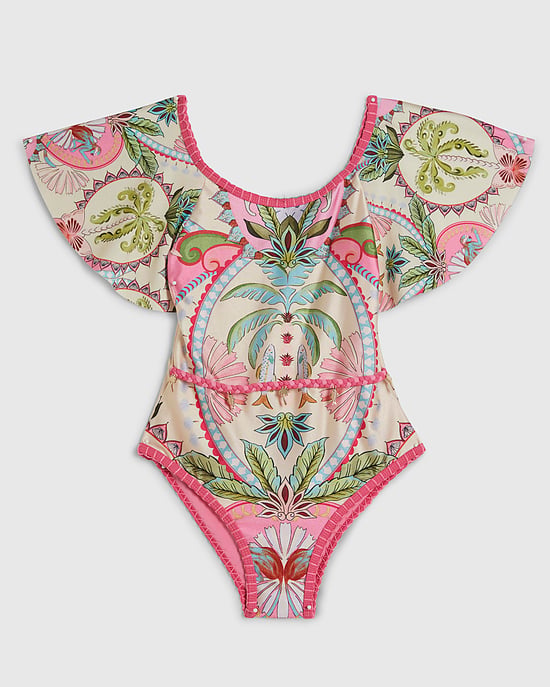 River Island Mädchen-Badeanzug Rosa Palmenprint Rundhalsausschnitt - Image 1