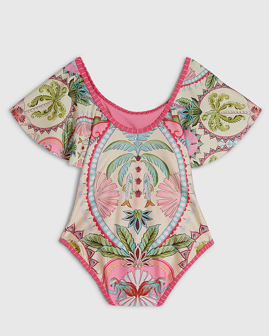 River Island Mädchen-Badeanzug Rosa Palmenprint Rundhalsausschnitt - Image 4