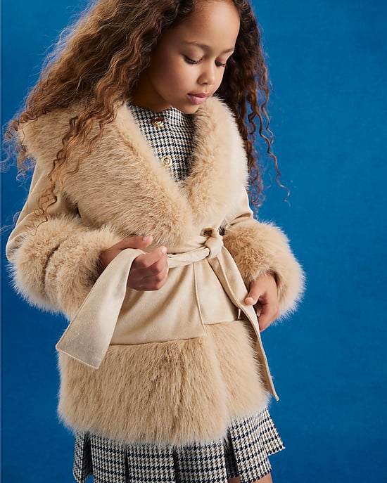 River Island Mädchen Wickelmantel Cremeimitatleder Fell Bindegürtel - Image 4
