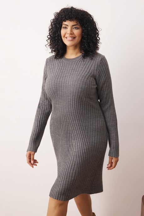 Trendyol Curve Damen Grau Einfarbig Kurz / Mini Lang Casual Bodycon Große Größen Kleid - Image 6