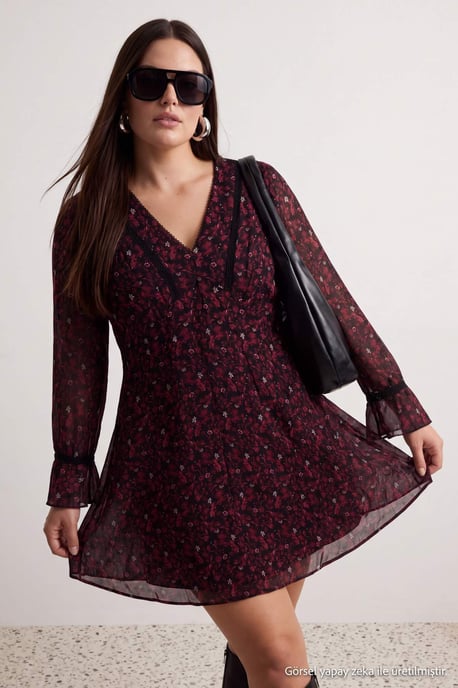Trendyol Curve Damen Bordeaux Geblümt Kurz / Mini Lang A-Linie Große Größen Kleid - Image 2