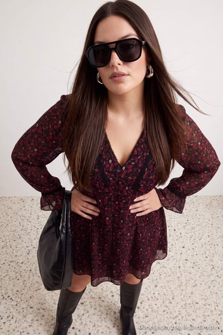 Trendyol Curve Damen Bordeaux Geblümt Kurz / Mini Lang A-Linie Große Größen Kleid - Image 3