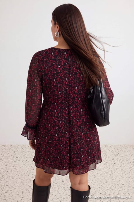 Trendyol Curve Damen Bordeaux Geblümt Kurz / Mini Lang A-Linie Große Größen Kleid - Image 4