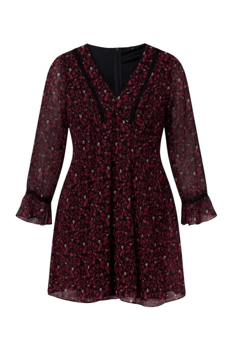 Trendyol Curve Damen Bordeaux Geblümt Kurz / Mini Lang A-Linie Große Größen Kleid - Image 5