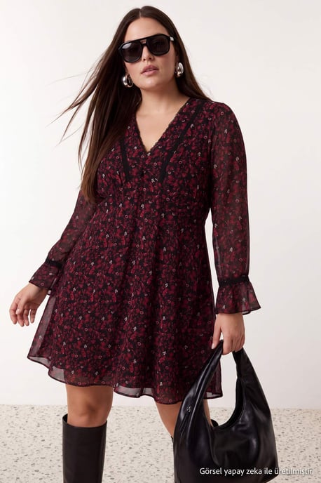 Trendyol Curve Damen Bordeaux Geblümt Kurz / Mini Lang A-Linie Große Größen Kleid - Image 6