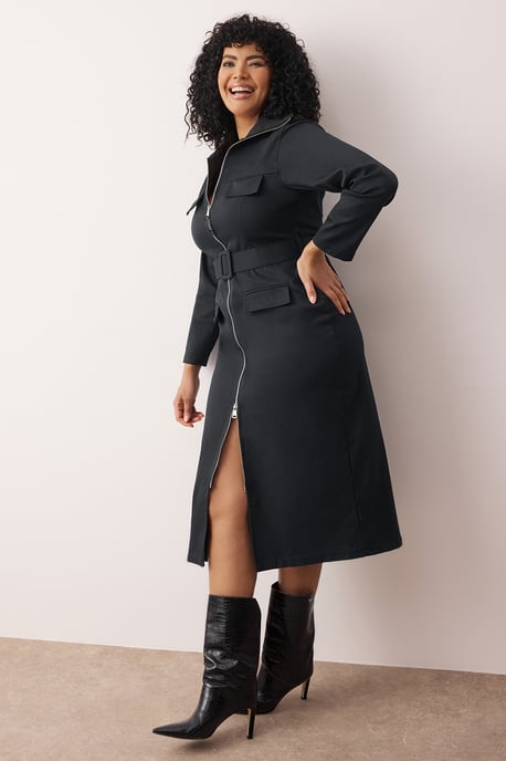 Trendyol Curve Damen Grau Einfarbig Kurz / Mini Lang Casual Hemdblusenkleid Große Größen Kleid - Image 1